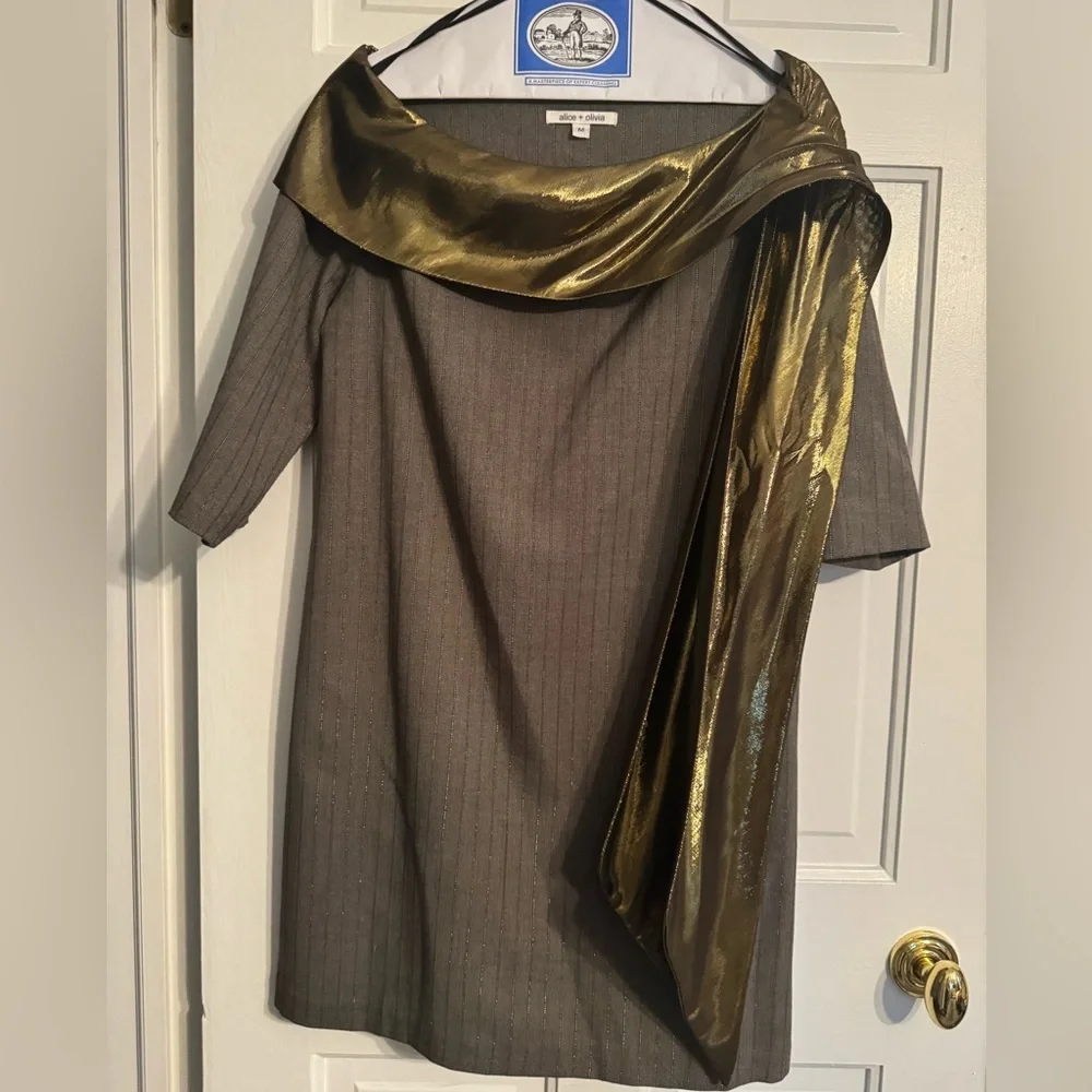 Alice + Olivia Draped Sash Dress Green Gold Metallic Mini Size M - Picture 2 of 10